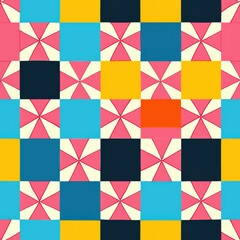 Poster - This image features a repeating geometric pattern of squares with a mix of pink, yellow, blue, orange, and black colors. The pink squares have a starburst pattern with white lines.