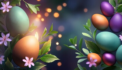 Images easter,  easter eggs, and flowers, easter egg and copy space background, easter eggs and empty text, colorful flowers and green leaves and particles