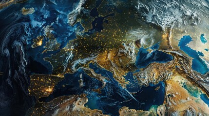 Aufkleber - This image shows a satellite view of Europe and the Middle East at night, highlighting the urban areas with their glowing city lights. The image also features cloud formations across the continent, gi
