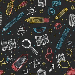 Poster - This image features a seamless pattern of various objects drawn in colorful chalk on a black chalkboard background. The pattern includes school supplies like pencils, books, and a magnifying glass, as
