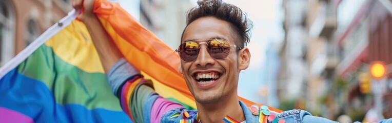 Poster - A man is holding a rainbow flag and smiling. Concept of happiness and pride in the LGBTQ community