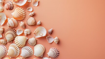 Aufkleber - A collection of seashells of various sizes and shapes are arranged in a diagonal line on a peach-colored surface. The shells are a mix of white, cream, and brown colors, and some have intricate patter