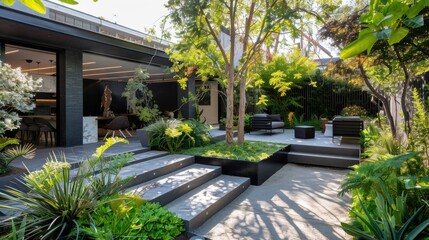 Poster - A large, lush green yard with a black patio and a black staircase leading up to a black patio