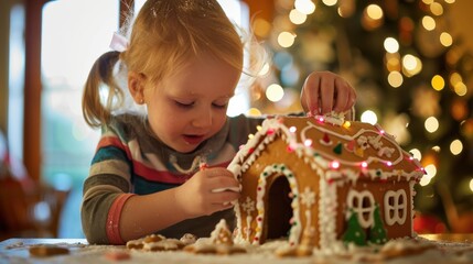 Poster - A young girl with blonde pigtails decorates a gingerbread house with red and white candy and sprinkles. She is sitting at a table with a Christmas tree in the background, surrounded by holiday lights.