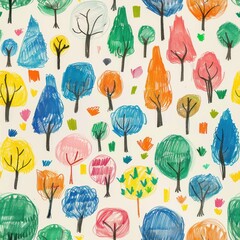 Poster - This image shows a colorful pattern of hand-drawn trees on a white background. The trees are drawn in a variety of shapes and sizes, with different colors and patterns used for each. The image is remi
