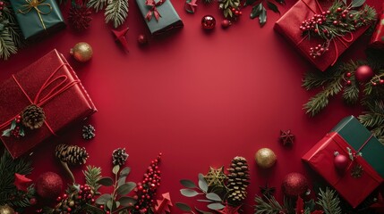 Poster - A red background with a variety of Christmas decorations, including wrapped gifts, ornaments, pine branches, and holly berries. The image is a festive and celebratory backdrop for any holiday design p