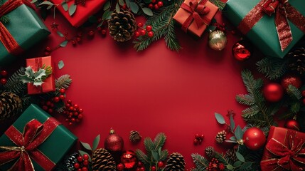 Poster - A flat lay photo of a red background with Christmas decorations. There are green and red gift boxes with bows, pine branches, pine cones, red holly berries, and red Christmas ornaments around the edge