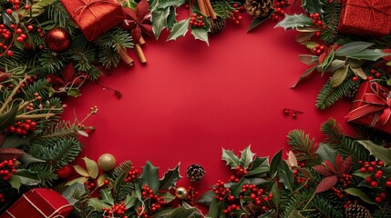 Aufkleber - A festive Christmas background featuring a red surface adorned with evergreen branches, holly, red berries, pine cones, cinnamon sticks, wrapped gifts, and red Christmas ornaments, creating a frame fo