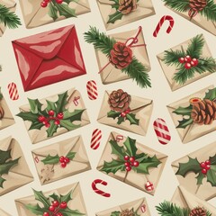 Aufkleber - This vintage illustration depicts a festive Christmas pattern featuring brown envelopes adorned with sprigs of holly, pine cones, and candy canes. The envelopes are set against a light background, cre