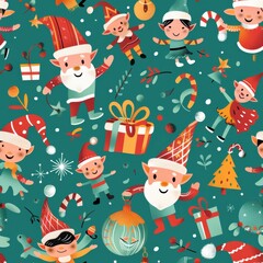 Poster - This festive illustration features a repeating pattern of Christmas elves, ornaments, and other holiday decorations against a teal background. The elves are depicted in various poses, some holding gif