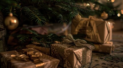 Poster - A close-up image of wrapped Christmas gifts underneath a decorated Christmas tree. The gifts are wrapped in brown paper and tied with gold ribbon. The image is taken in a dimly lit room, creating a wa