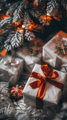 Aufkleber - A close-up view of Christmas presents wrapped in white paper with red ribbons, situated under a Christmas tree adorned with twinkling lights. The presents are sitting on a fluffy white surface, with a