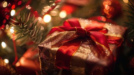 Poster - A red gift wrapped in gold paper, with a red bow, sits under a decorated Christmas tree. The gift is in focus while the tree and lights are slightly blurred in the background.
