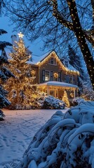 Poster - A snow-covered house with a large Christmas tree illuminated with lights, surrounded by trees and snow at night. The home is decorated with Christmas lights, adding to the festive ambiance of the scen