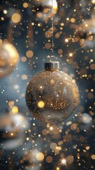Poster - A close-up of a gold Christmas ornament hanging from a string in front of a background of golden bokeh lights. The ornament is a round, shiny bauble with a silver cap and a delicate pattern. The light
