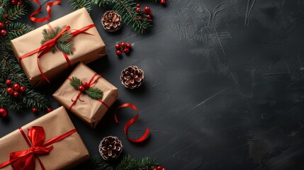 Poster - A flat lay image of three Christmas presents wrapped in brown paper with red ribbon and bows. There is also greenery with red berries and pine cones. The background is a dark gray, textured surface.