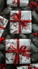 Poster - This image shows a close-up of three wrapped gifts with red bows and a berry pattern. The gifts are placed among a bed of Christmas tree branches, and several red berries are also visible around the b