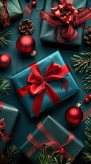 Poster - An overhead shot of four teal gift boxes with red bows and red ornaments. The boxes are sitting on a dark teal background with sprigs of green pine needles.