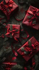 Poster - A flat lay photograph of several Christmas presents wrapped in red paper with red ribbons and adorned with pine sprigs. The presents are arranged on a dark background.