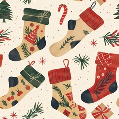 Poster - A seamless pattern featuring colorful Christmas stockings with festive designs. The stockings are decorated with pine branches, red and green berries, candy canes, and presents. The background is a wh