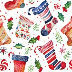 Poster - This image is a seamless pattern featuring colorful Christmas stockings, holly sprigs, candy canes, and snowflakes. It is designed in a watercolor style, giving it a whimsical and festive look. The pa