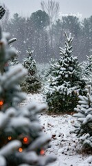 Aufkleber - A close-up view of snow-covered Christmas trees in a snowy forest on a winter day. The trees are decorated with Christmas lights, adding a touch of warmth to the cold scene. The snow is falling gently