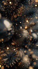 Wall Mural - A close-up image of a black Christmas ornament hanging from a pine branch, with gold lights and bokeh in the background. The ornament is decorated with gold glitter and reflects the warm glow of the l
