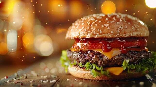 Close-up of a mouthwatering hamburger against a blurred warm backdrop with bokeh effect, perfect for text addition