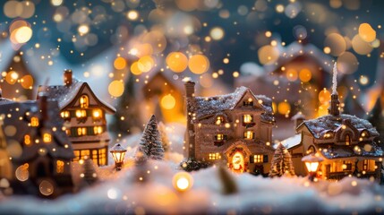 Poster - A charming miniature Christmas village is depicted under a snowfall with warm lights glowing in the windows of the houses. The scene is a classic winter wonderland with a magical feel.