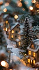 Poster - A miniature Christmas village scene is depicted, featuring a frosted pine tree in the foreground, with a collection of small, illuminated houses behind it. The scene is adorned with twinkling lights, 