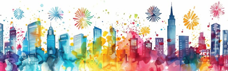 Poster - A vibrant watercolor illustration depicts a city skyline with multiple buildings and fireworks exploding in the night sky. The colors are bright and bold, creating a festive and celebratory atmosphere