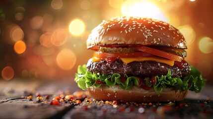 Wall Mural - Delicious hamburger close-up set against a warm, blurred background with bokeh, offering ample space for text overlay.