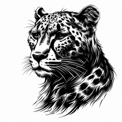 A black and white drawing of a leopard 's head