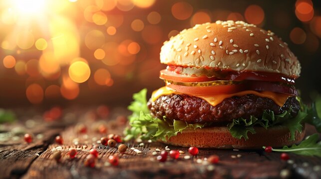 Delicious hamburger close-up set against a warm, blurred background with bokeh, offering ample space for text overlay.