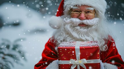 Poster - This image features a close-up portrait of Santa Claus holding a gift wrapped in red paper with a white ribbon and bow. He is wearing a traditional red suit, hat, and white beard. Snowflakes are falli