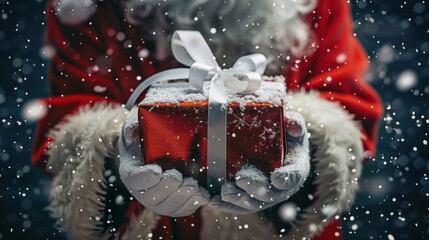 Poster - This image shows Santa Claus wearing a red suit and white gloves, holding a red gift box with a white ribbon. The box is covered in snow and the background is a dark blue with falling snowflakes.