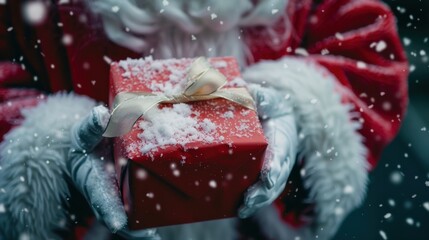 Poster - A close-up image of Santa Claus, wearing a red suit and white gloves, holding a red Christmas present covered in snow. Snowflakes are falling around him, creating a festive atmosphere.