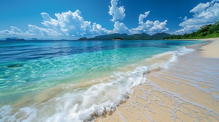 Wall Mural - expansive view of a serene beach with clear blue waters and a bright sky, representing the importanc