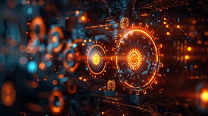 Poster - An abstract illustration of gears and circuit patterns merging together, symbolizing the integration of innovation, automation, and modern technology in today's world.