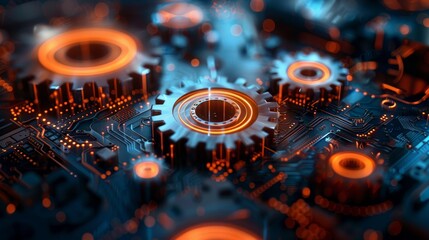 Poster - An abstract illustration of gears and circuit patterns merging together, symbolizing the integration of innovation, automation, and modern technology in today's world.