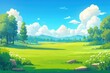 Peaceful Meadow Landscape with Lush Greenery and Blue Skies
