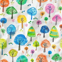 Poster - A close-up image of a colorful crayon drawing depicting a variety of trees on a white piece of crumpled paper. The trees are drawn in a child-like style with different colors and shapes. The papers te