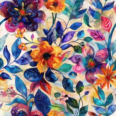 Poster - This digital illustration features a seamless pattern of colorful flowers and leaves. The flowers are depicted in a variety of shapes and sizes, and the leaves are detailed and intricate. The backgrou