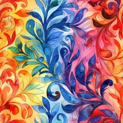 Poster - A watercolor painting of a repeating floral pattern. The pattern features a mix of blue, red, and yellow hues, creating a vibrant and colorful design. The leaves and swirls are intricate and detailed,