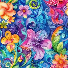 Poster - This image features a colorful watercolor pattern of flowers and swirling vines. The flowers are a variety of colors, including pink, purple, orange, yellow, and green. The background is a deep blue, 