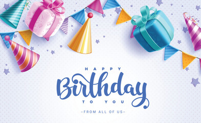 Wall Mural - Happy birthday greeting vector background. Birthday greeting text with gift box, pennants and party hat decoration elements for invitation card design. Vector illustration card background. 
