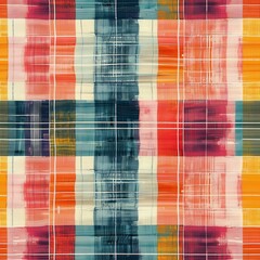 Poster - This image features a digital abstract pattern composed of various shades of red, orange, and blue arranged in a plaid pattern. The pattern is created using a combination of brushstrokes and textured 