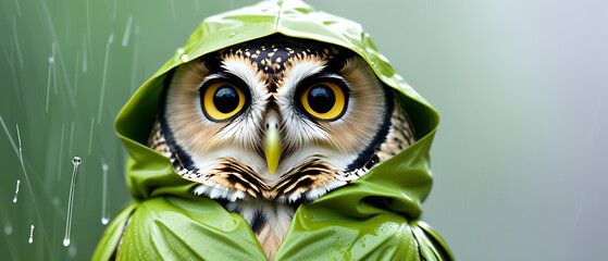 Wall Mural - Funny A Mr. Owl in a green Raincoat