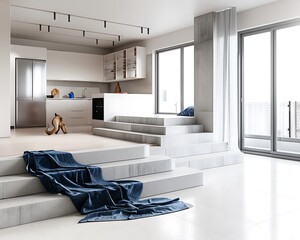 Wall Mural - Stylish studio design in white and beige, highlighting a pristine kitchen and cozy recreation area, concrete stairs, and a blue throw blanket, with large windows.