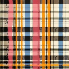 Poster - This image features a repeating pattern of plaid with thick, colorful stripes. The background is a cream color with thin black, grey, and white stripes, overlaid with thicker stripes in orange, pink, 